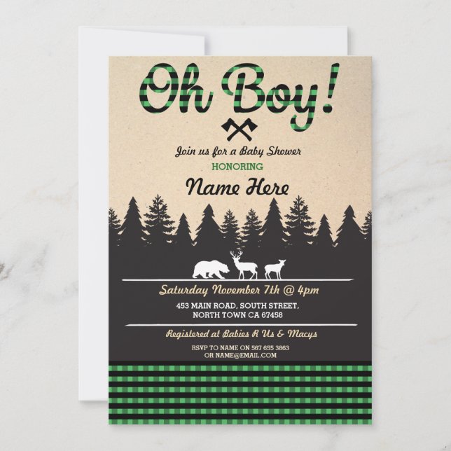 Oh Boy Baby Lumberjack Baby Shower Green Invite (Front)
