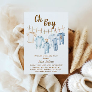 Oh Boy Baby Shower   Blue Clothesline Theme  Invitation