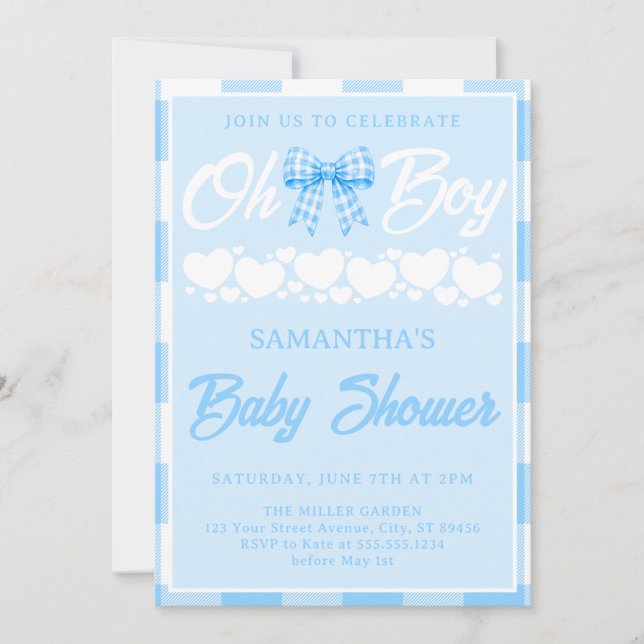 Oh Boy Baby Shower Blue Gingham Bow Invitation (Front)