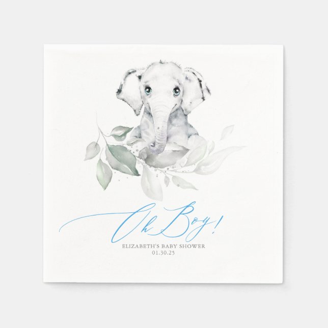 Oh Boy Baby Shower Elephant Greenery Napkin (Front)