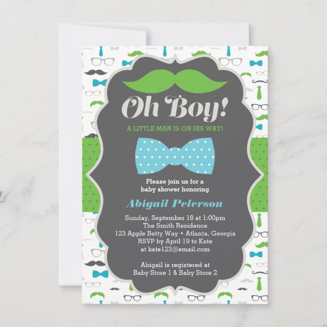 Oh Boy Baby Shower Invitation, Blue, Green Invitation (Front)