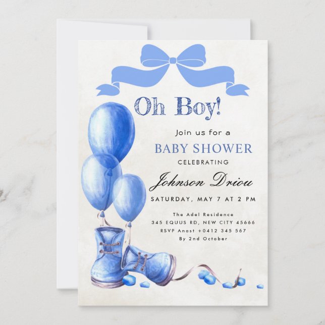 Oh Boy Baby Shower Invitation | Blue Watercolor (Front)