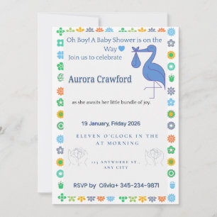 Oh Boy Baby Shower Invitation Stork & Floral Bab