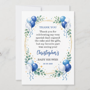 Oh Boy Baby Shower Modern Eucalyptus Blue Balloon Thank You Card