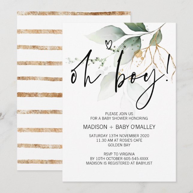 Oh Boy Baby Shower Party Modern Eucalyptus Invitation (Front/Back)