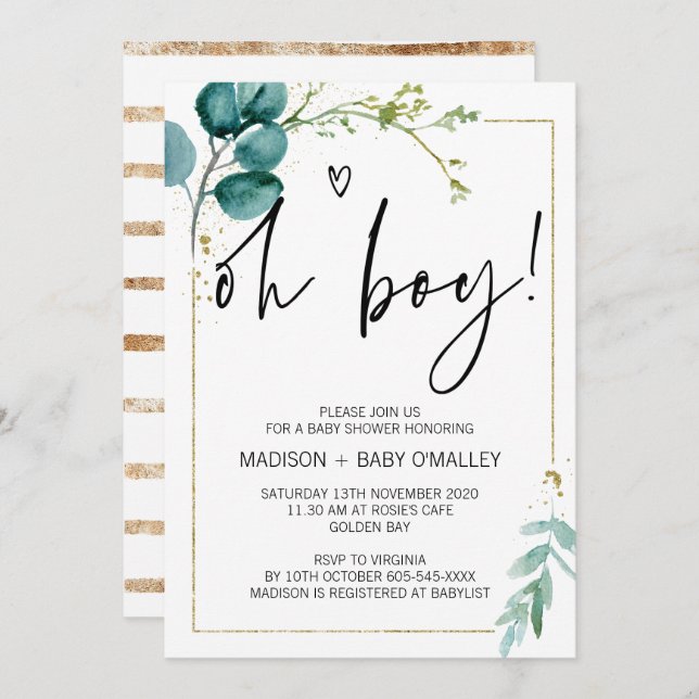 Oh Boy Baby Shower Party Modern Gold Eucalyptus Invitation (Front/Back)
