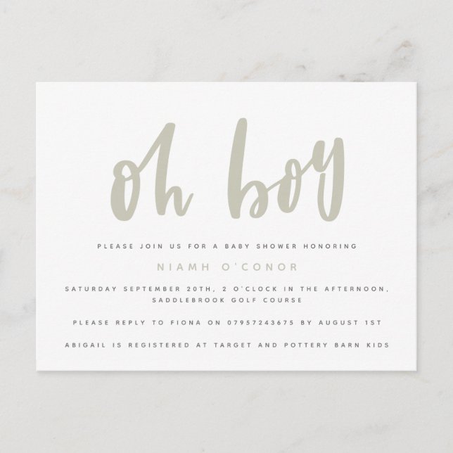 Oh boy baby shower postcard. invitation postcard (Front)