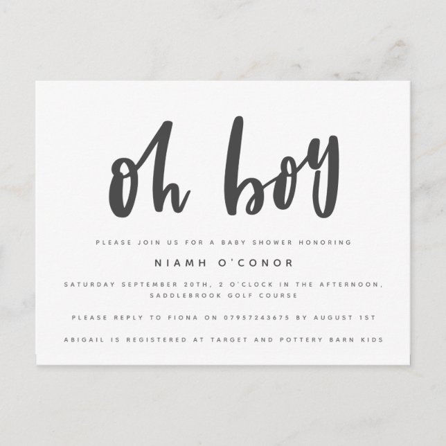 Oh boy baby shower postcard. invitation postcard (Front)