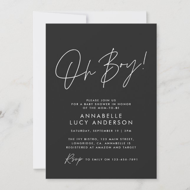 oh Boy baby shower script baby black elegant  Invitation (Front)
