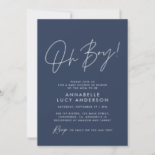 oh Boy baby shower script baby navy blue elegant  Invitation