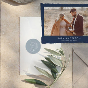 oh boy Baby shower script blue elegant Classic Round Sticker