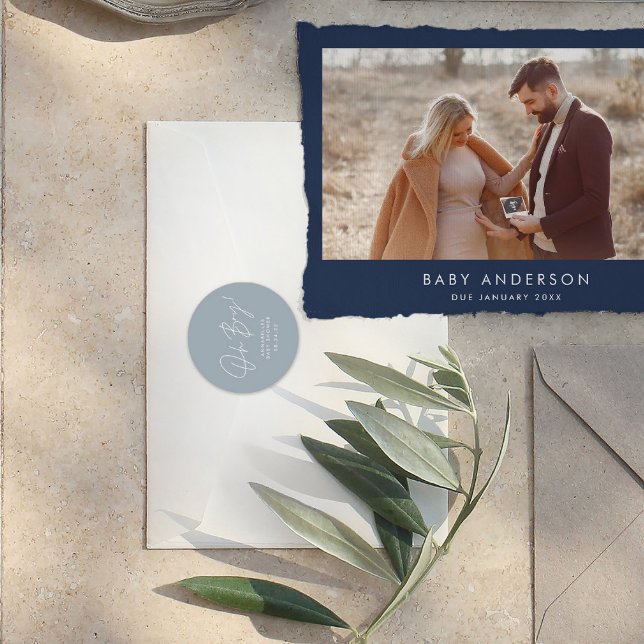 oh boy Baby shower script blue elegant  Classic Round Sticker (Creator Uploaded)