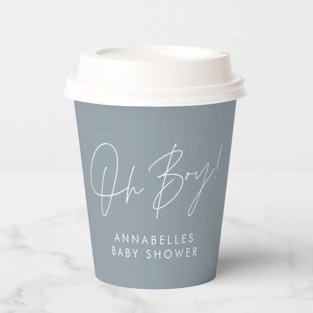 oh boy Baby shower script blue elegant  Paper Cups (Front)
