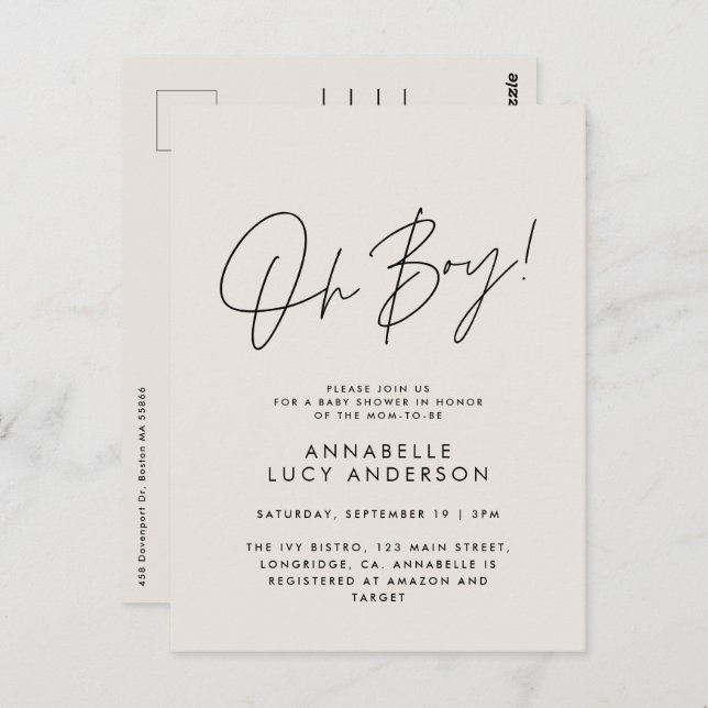 oh boy Baby shower script cream elegant  Postcard (Front/Back)