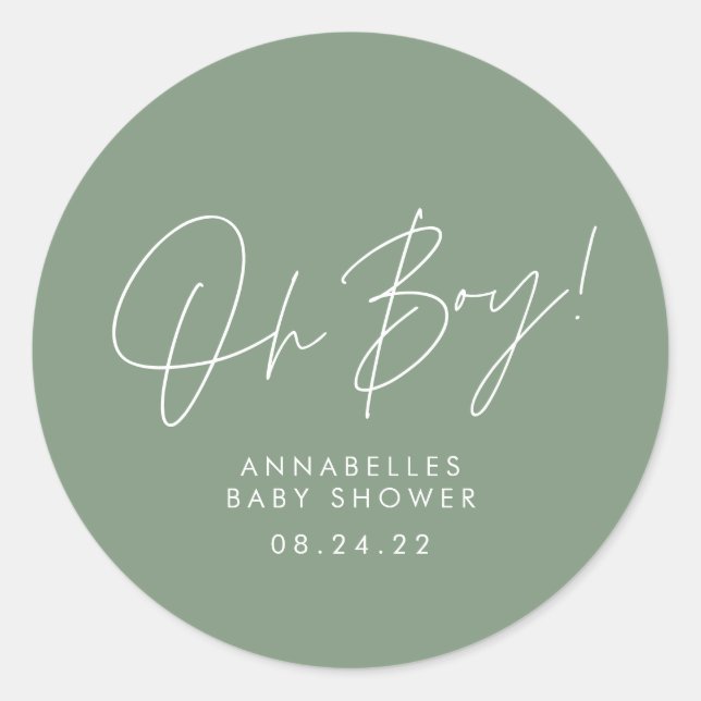 oh boy Baby shower script green elegant  Classic Round Sticker (Front)