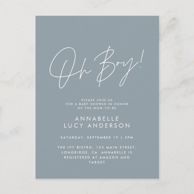 oh boy Baby shower script modern blue elegant  Postcard (Front)
