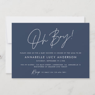 oh boy Baby shower script modern navy blue boho Invitation