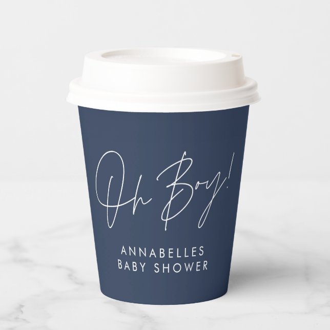 oh boy Baby shower script navy blue elegant  Paper Cups (Front)