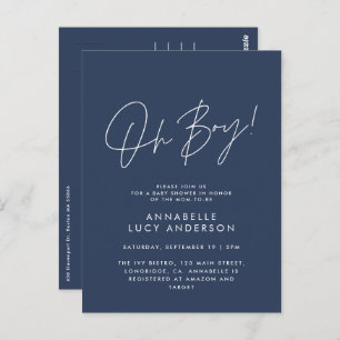 oh boy Baby shower script navy blue elegant  Postcard