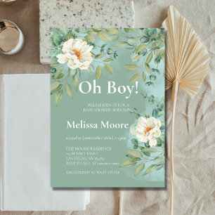 Oh Boy Baby Shower Silver Sage Eucalyptus Flower Invitation