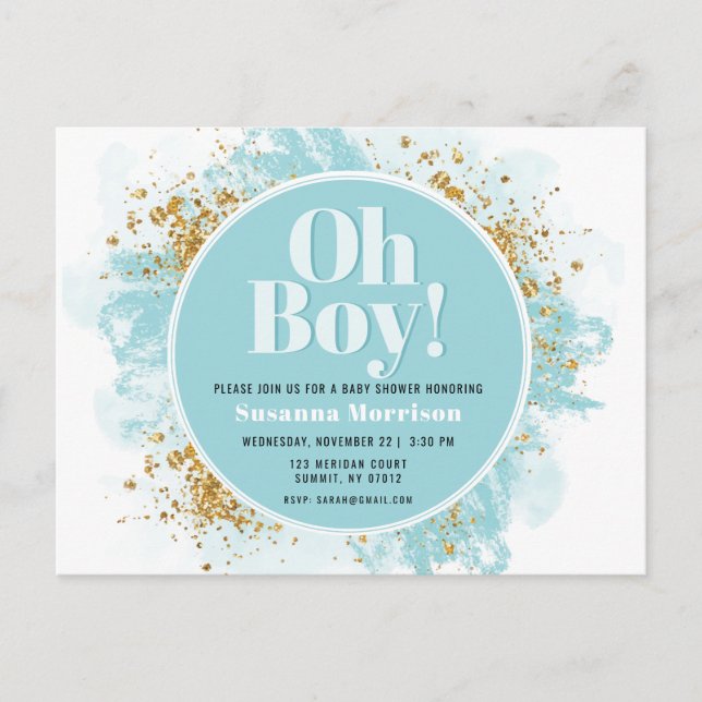 Oh Boy Baby Shower Watercolor Glitter Invitation Postcard (Front)