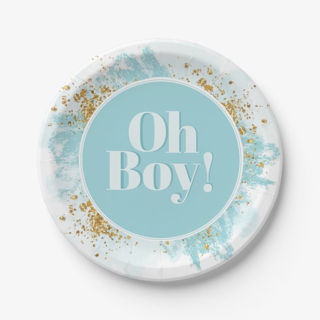 Oh Boy Baby Shower Watercolor Glitter Paper Plate (Front)
