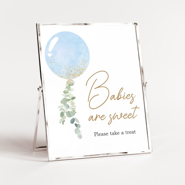 Oh Boy Balloon Baby Shower Babies are Sweet Poster (Blue Balloon Eucalyptus Baby Shower Babies are Sweet Sign)