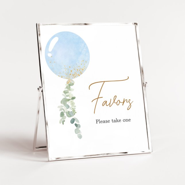 Oh Boy Balloon Baby Shower Favours Poster (Blue Balloon Eucalyptus Baby Shower Favors Sign)