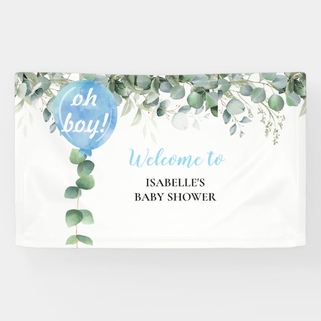 Oh Boy balloon greenery eucalyptus baby shower Banner (Horizontal)