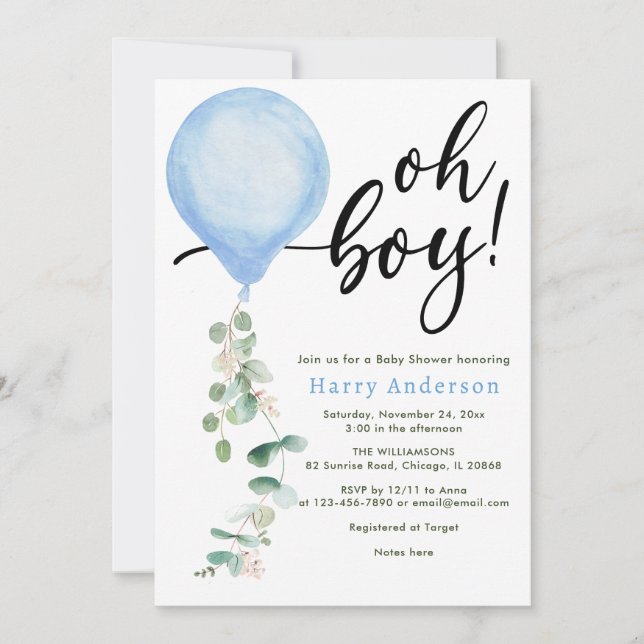 Oh Boy balloon greenery eucalyptus baby shower Inv Invitation (Front)