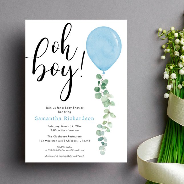 Oh Boy balloon greenery eucalyptus baby shower Invitation (Creator Uploaded)