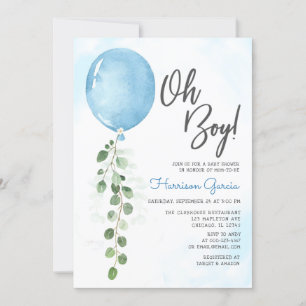 Oh Boy balloon greenery eucalyptus baby shower Invitation