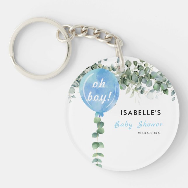 Oh Boy balloon greenery eucalyptus baby shower Key Ring (Front)