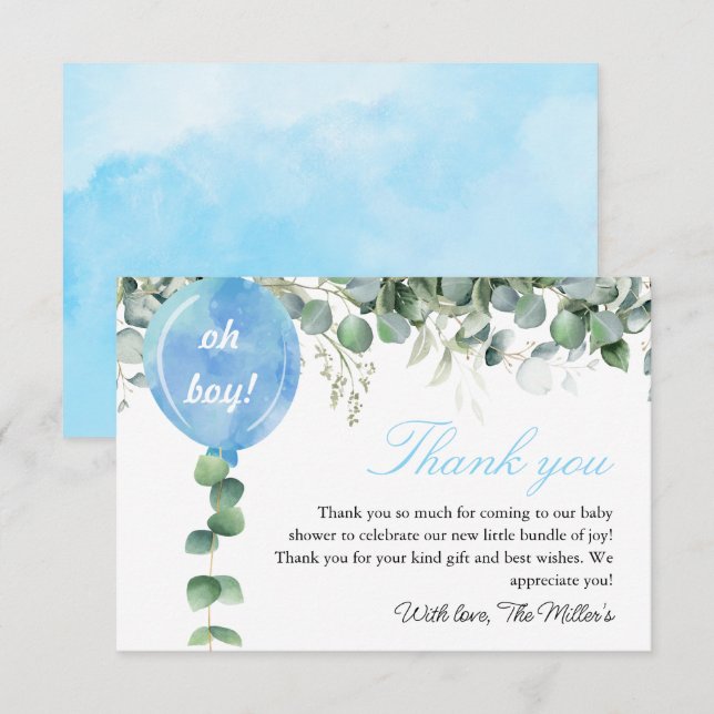 Oh Boy balloon greenery eucalyptus baby shower Thank You Card (Front/Back)