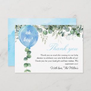 Oh Boy balloon greenery eucalyptus baby shower Thank You Card