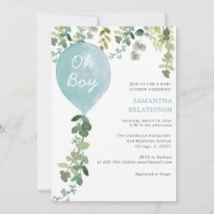 Oh Boy balloon watercolor greenery boy baby shower Invitation
