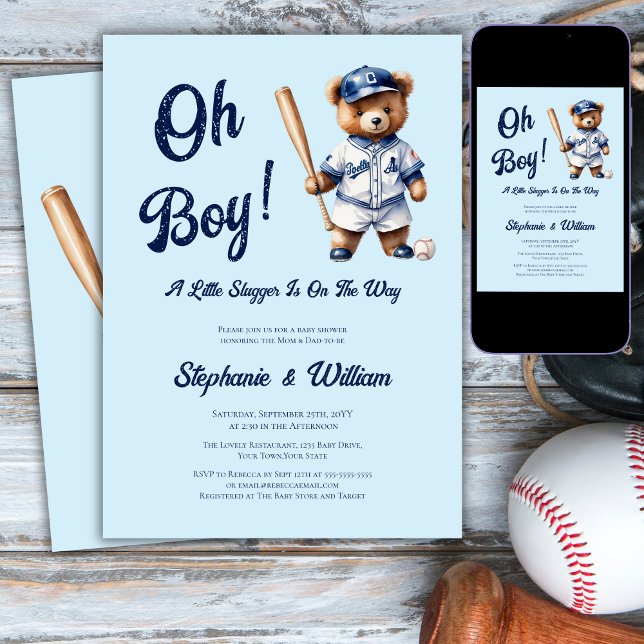 Oh Boy Baseball  Baby Shower Cute Bear Invitation (Creator Uploaded)
