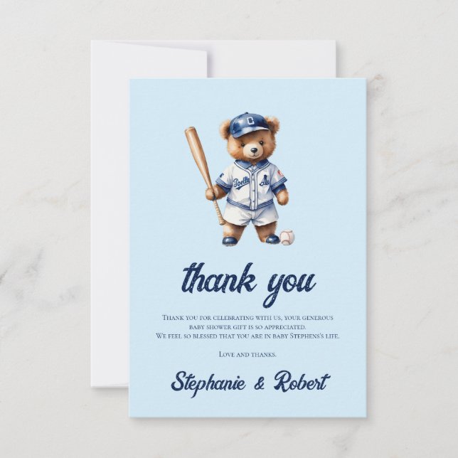 Oh Boy Baseball  Baby Shower Cute Bear Thank You Card (Front)