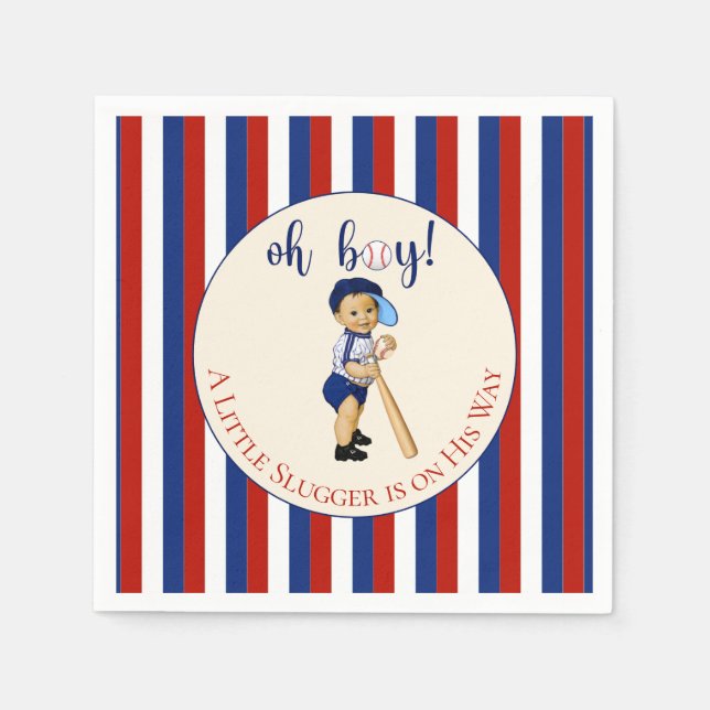 Oh Boy Baseball Red White Navy Blue Stripes Baby Napkin (Front)