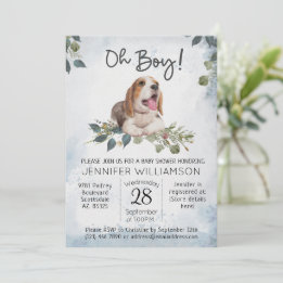Oh Boy! Beagle Puppy Modern Watercolor Baby Shower Invitation