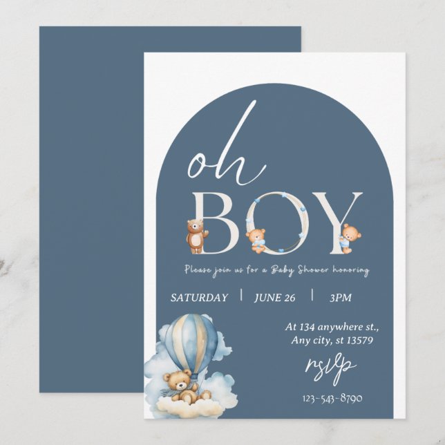 Oh boy! Bear and Blue Balon Baby Shower Invitation (Front/Back)