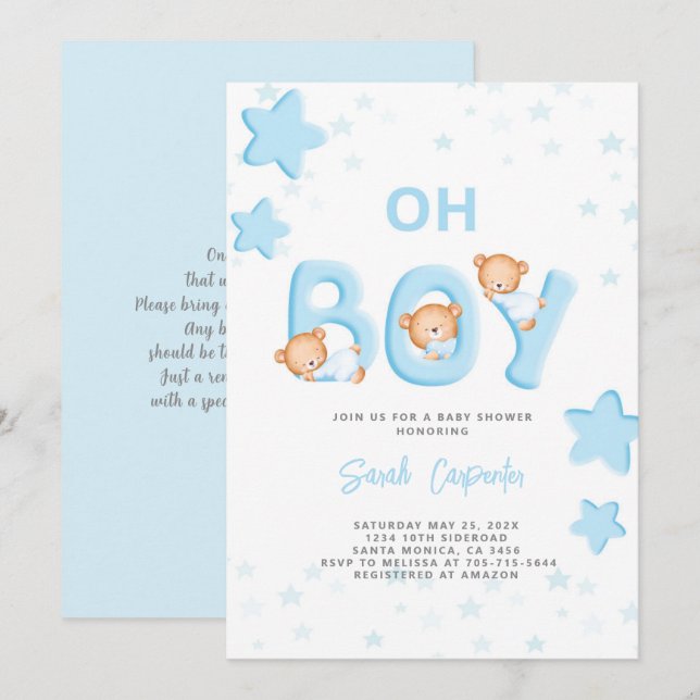 Oh Boy Bear Baby Shower Boy Invitation (Front/Back)