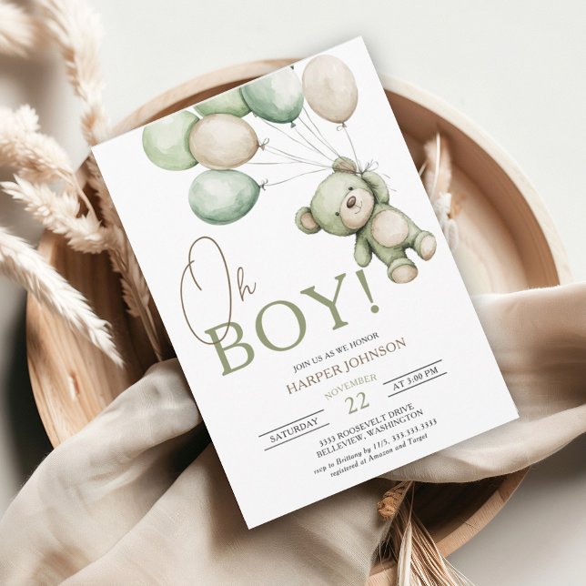 Oh Boy Bear Balloon Baby Shower Invitation (Creator Uploaded)