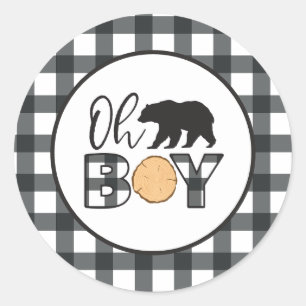 Oh Boy Bear black Buffalo Plaid Baby Shower Classic Round Sticker