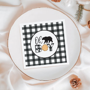 Oh Boy Bear black Buffalo Plaid Baby Shower Napkin