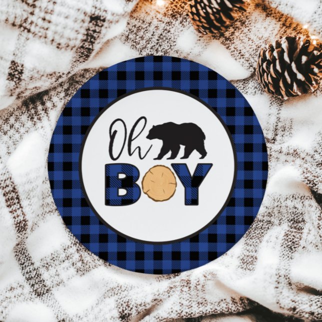 Oh Boy Bear blue Buffalo Plaid Baby Shower Paper Plate (Creator Uploaded)