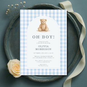 Oh Boy Bear Blue Gingham Baby Shower Invitation