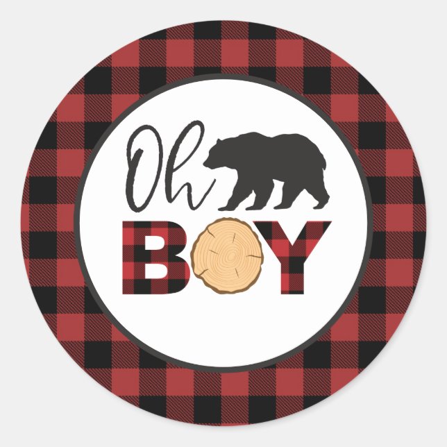 Oh Boy Bear Buffalo Plaid Baby Shower Classic Round Sticker (Front)