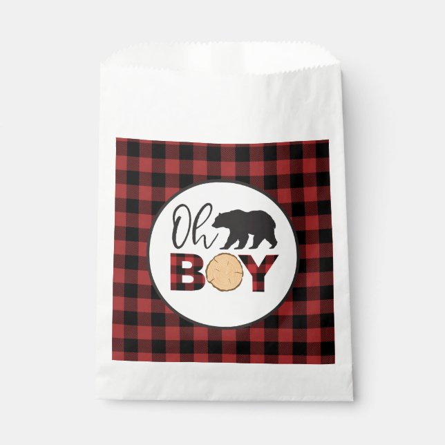 Oh Boy Bear Buffalo Plaid Baby Shower Favour Bags (Front)