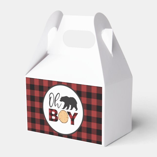 Oh Boy Bear Buffalo Plaid Baby Shower Favour Box (Front Side)